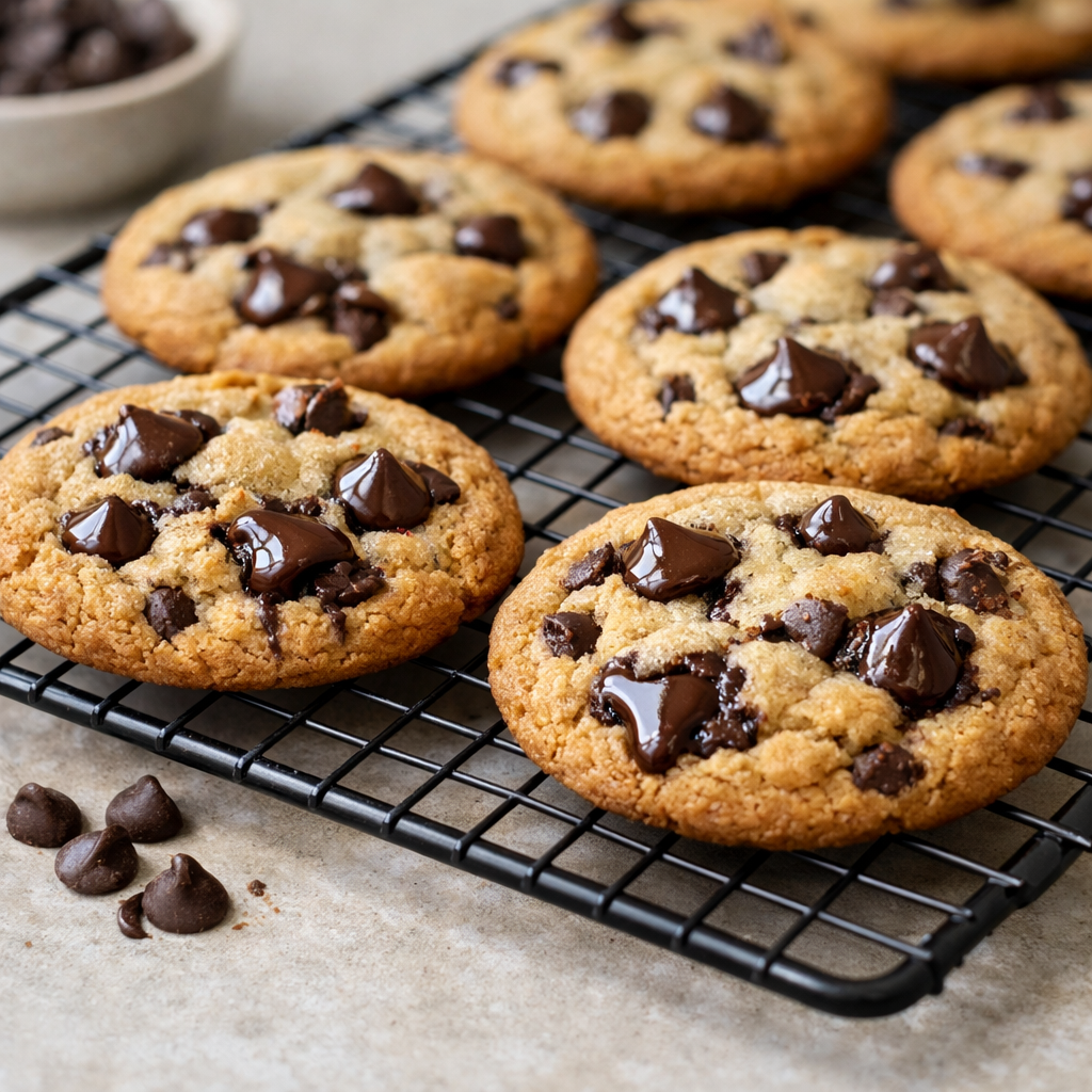 Freshly baked chocolate chip cookies on a cooling rack with melted chocolate chips