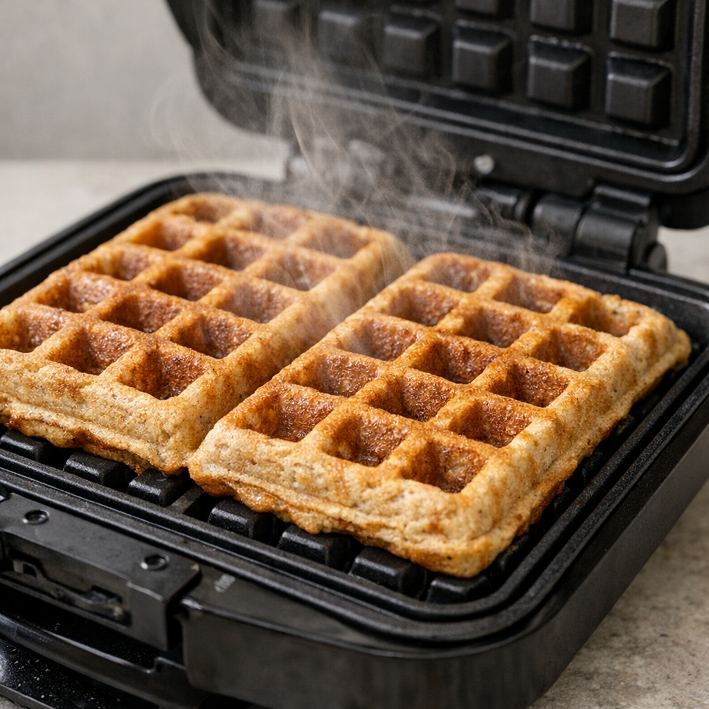 Golden brown Kodiak Cakes protein waffles cooking in a waffle iron with steam rising