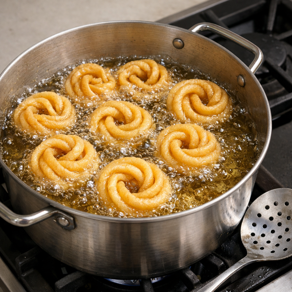 Golden brown puffed spiral duros frying in hot oil in a large pot on a home stove with a slotted spoon nearby