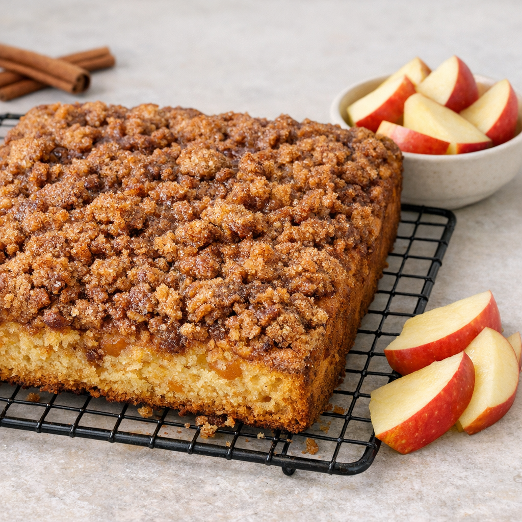 Golden cinnamon apple coffee cake cooling on a wire rack with a crackly brown sugar cinnamon topping and sliced fresh apples on the side