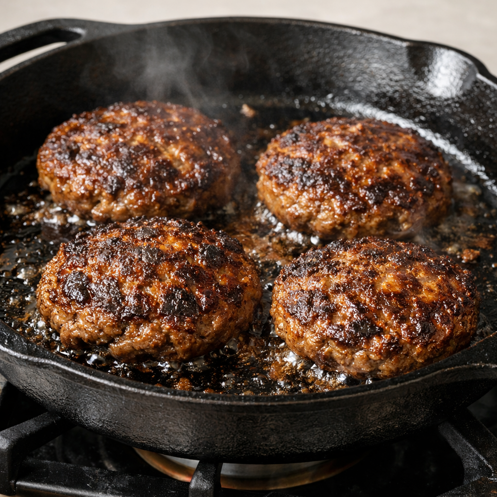 Hamburger patties sizzling with a golden-brown crust in a well-seasoned black cast iron skillet on a stovetop burner