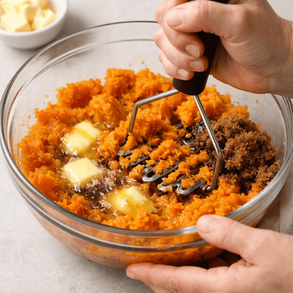 Hands mashing sweet potatoes in a large mixing bowl with melted butter and dark brown sugar for a holiday casserole