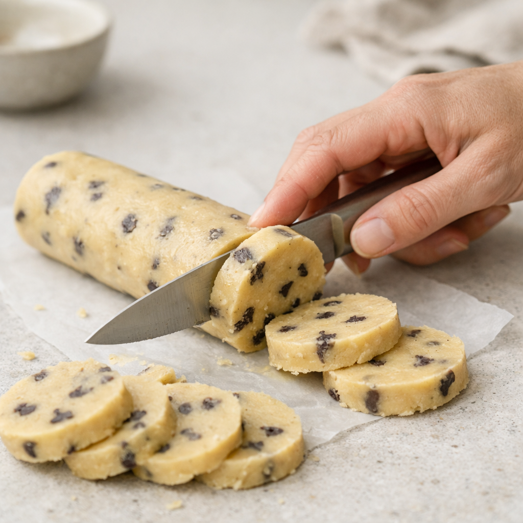 Hands slicing chilled cookie dough log into round pieces on a countertop
