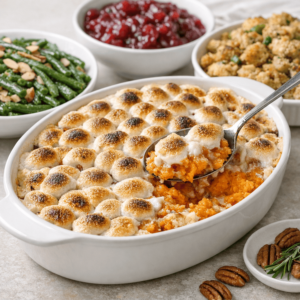 Holiday sweet potato casserole with a browned marshmallow topping served beside other festive side dishes