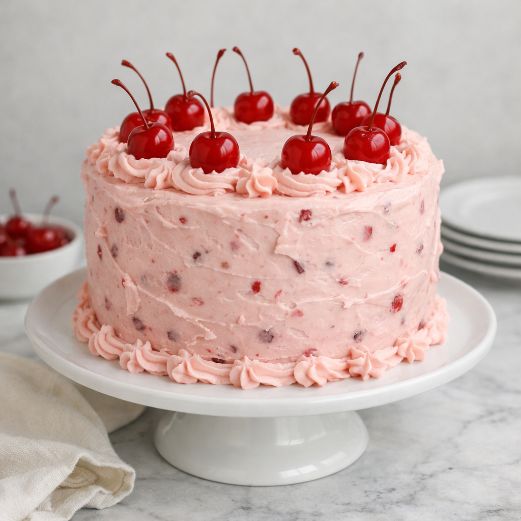 Homemade cherry chip cake with pink frosting and maraschino cherries on a white cake stand