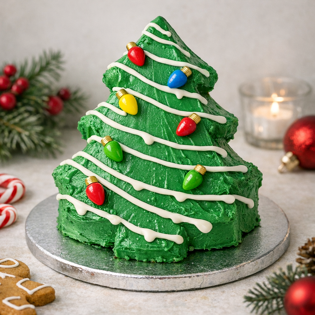 Homemade copycat Little Debbie christmas tree cake on a cake board, decorated with classic green frosting, white chocolate drizzle, and jumbo lightbulb sprinkles on a festive holiday table