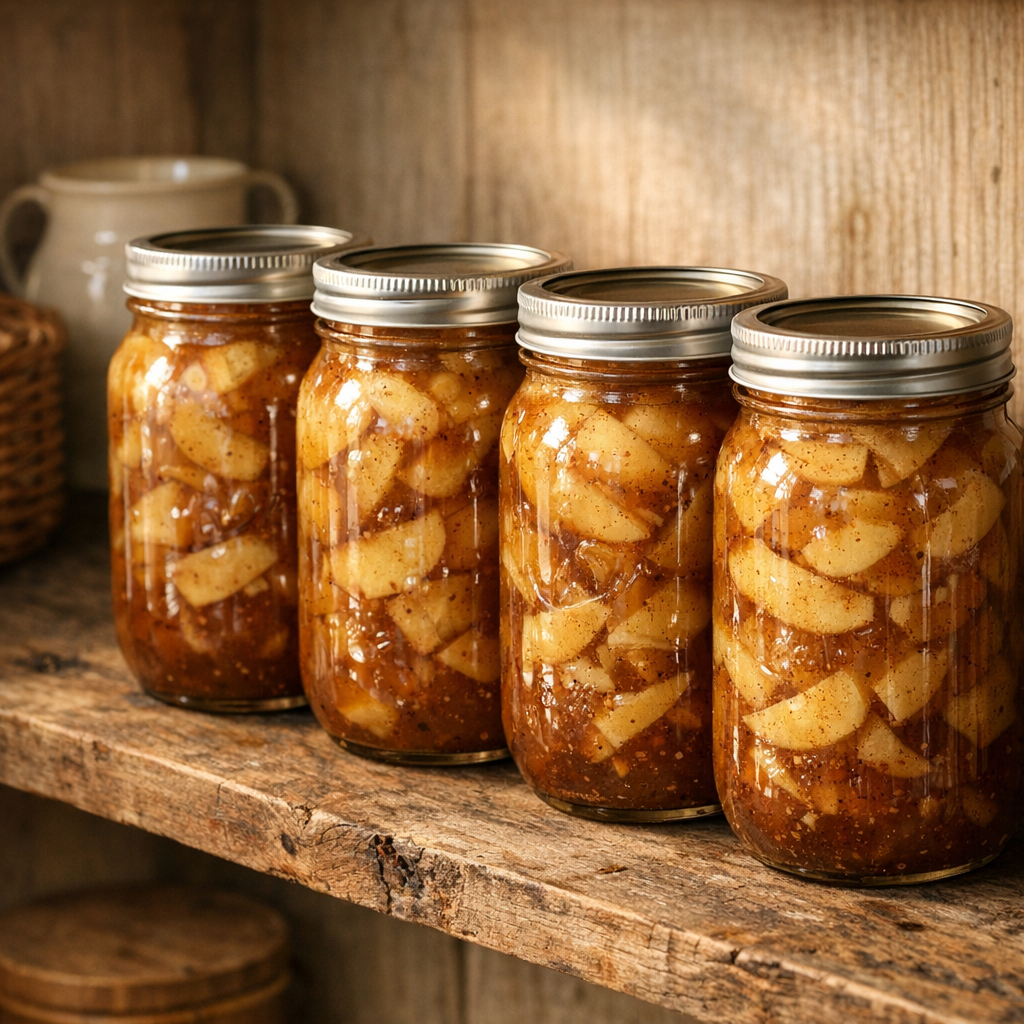Jars of homemade Amish canned apple pie filling lined up on a rustic wooden pantry shelf with warm autumn light