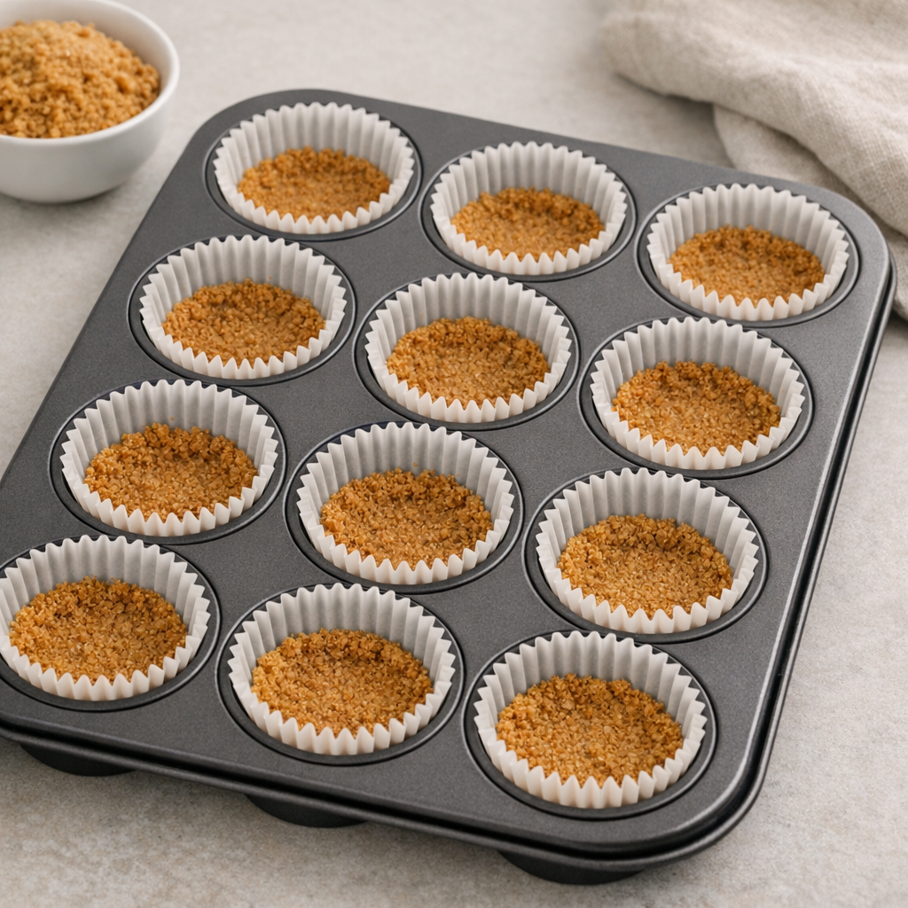 Mini muffin pan filled with paper liners and graham cracker crusts ready for pumpkin cheesecake filling