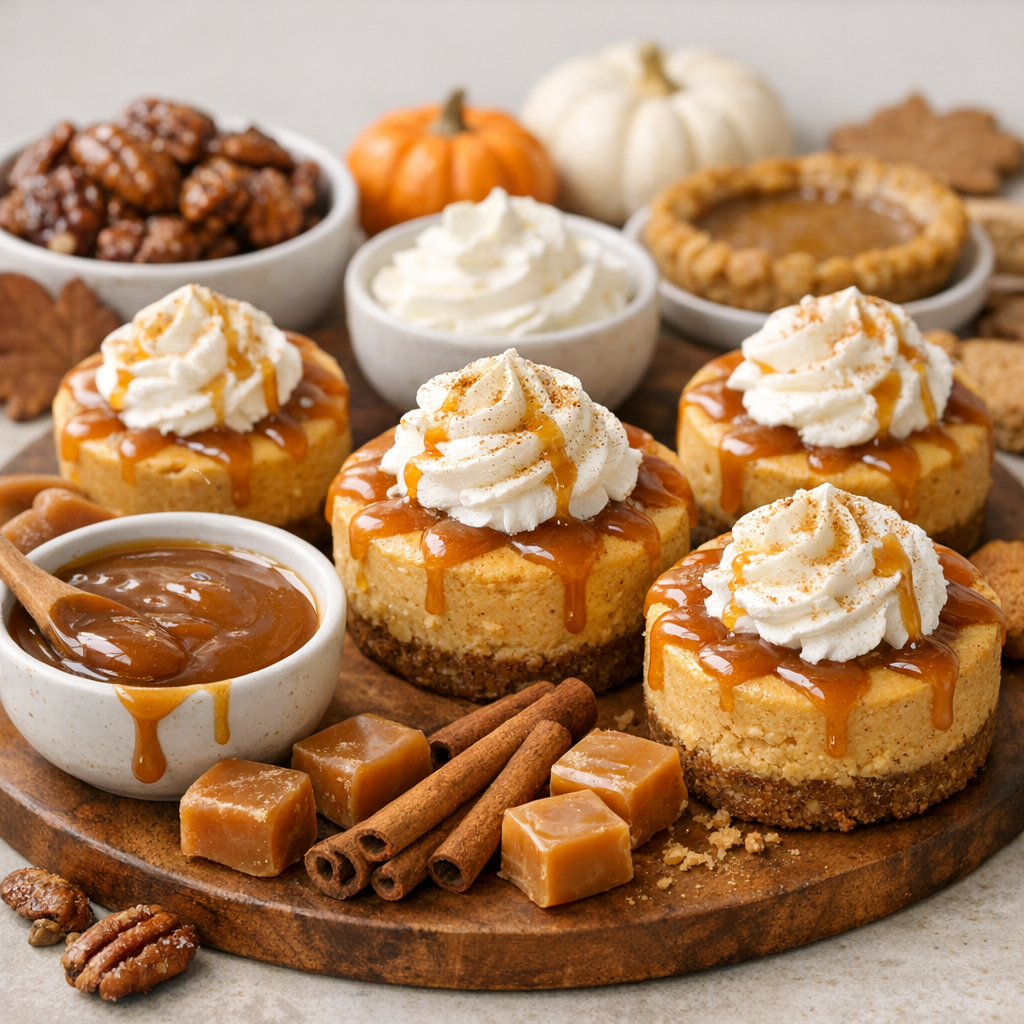Mini pumpkin cheesecakes served on a fall dessert board with caramel sauce and whipped cream