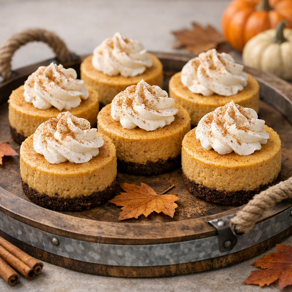 Mini pumpkin cheesecakes topped with whipped cream and cinnamon on a rustic fall serving tray