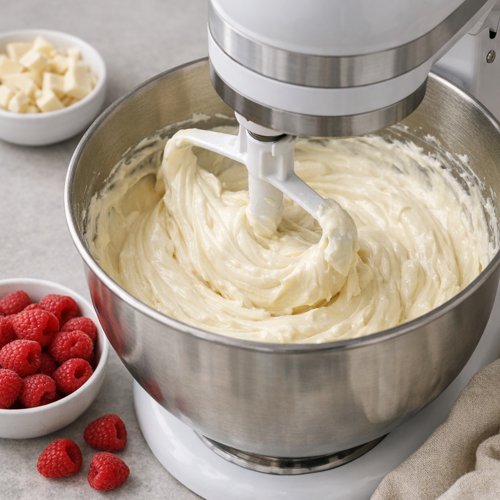 Mixing white chocolate cheesecake batter in a stand mixer with fresh raspberries nearby