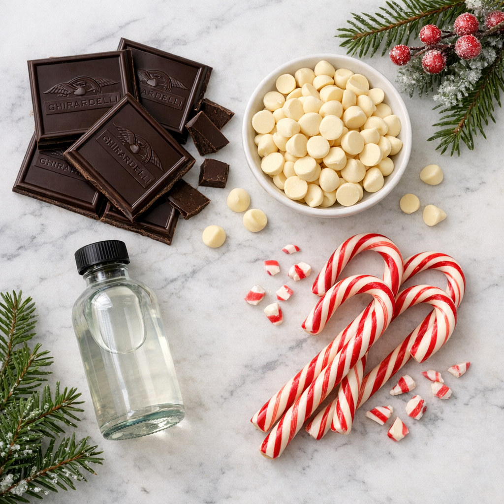 Overhead flat lay of Ghirardelli dark chocolate bars, white chocolate chips, candy canes, and peppermint extract arranged on a white marble surface with holiday greenery