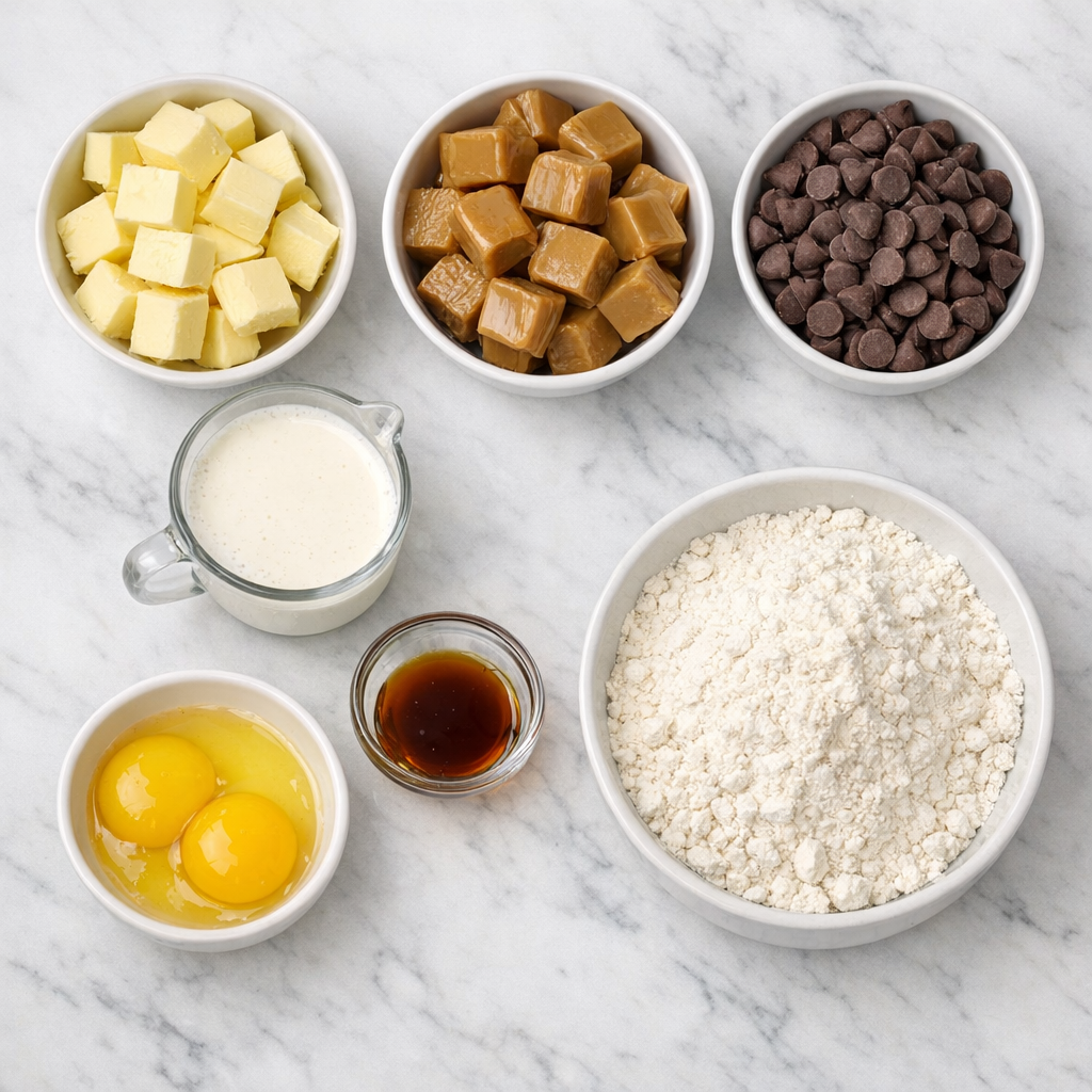 Overhead flat lay of twix thumbprint cookie ingredients including unsalted butter, soft caramels, milk chocolate chips, heavy cream, egg yolks, vanilla extract, and all-purpose flour arranged on a white marble surface