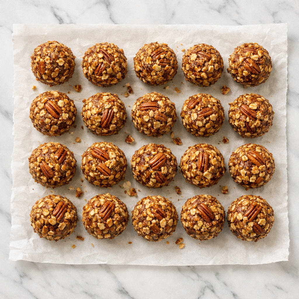 Overhead shot of pecan pie balls rolled and arranged on parchment paper on a white marble countertop
