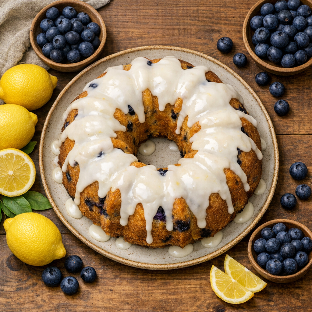 Overhead shot of a rustic lemon blueberry bundt cake with thick lemon glaze dripping down the sides, surrounded by fresh lemons and blueberries on a wooden table