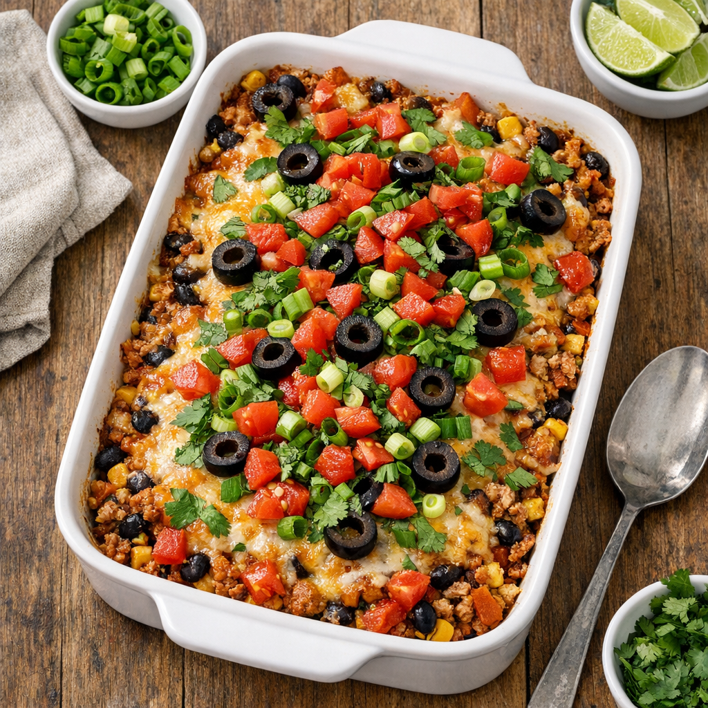 Overhead view of a colorful weight watcher taco casserole in a white ceramic baking dish, topped with melted cheese, fresh cilantro, sliced green onions, black olives, and diced fresh tomatoes on a wooden table