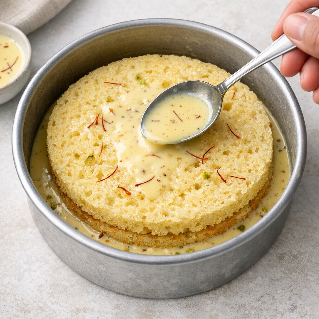Overhead view of eggless rasmalai cake layers being soaked with saffron-infused rasmalai milk mixture in a round cake pan