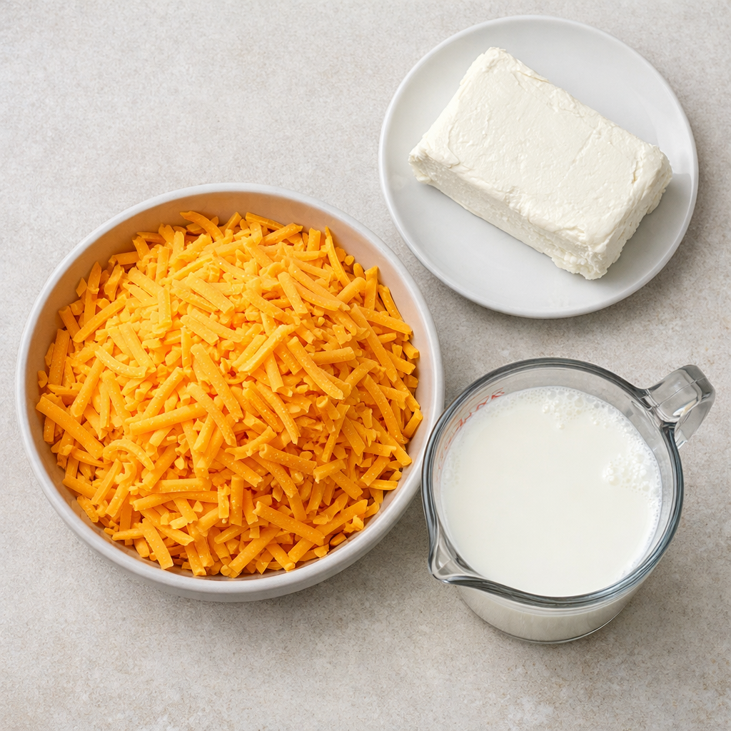 Overhead view of shredded cheddar, cream cheese, and milk ingredients for crockpot macaroni