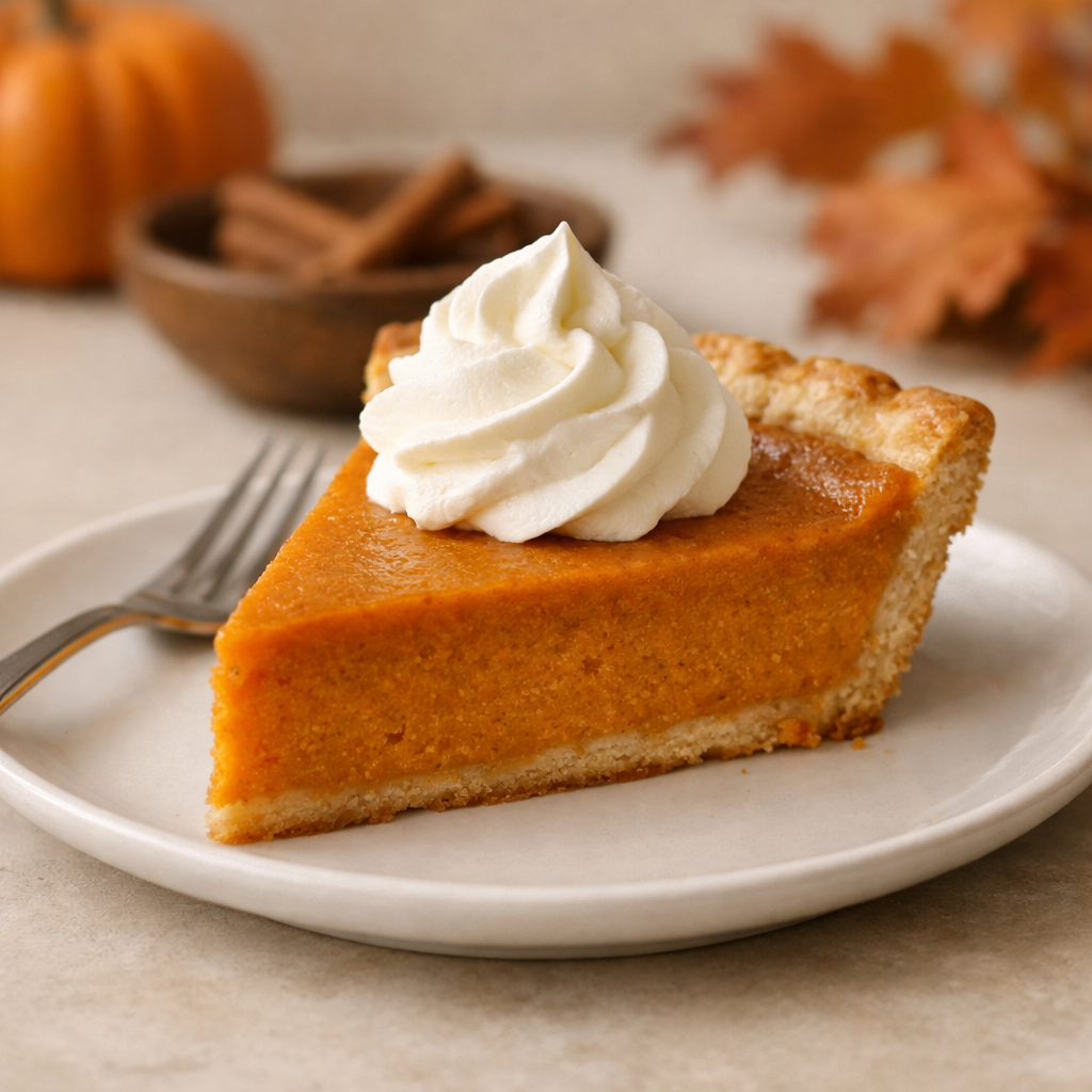 Perfectly baked pumpkin pie slice on a white ceramic plate with a dollop of whipped cream on top, warm autumn colors in the background
