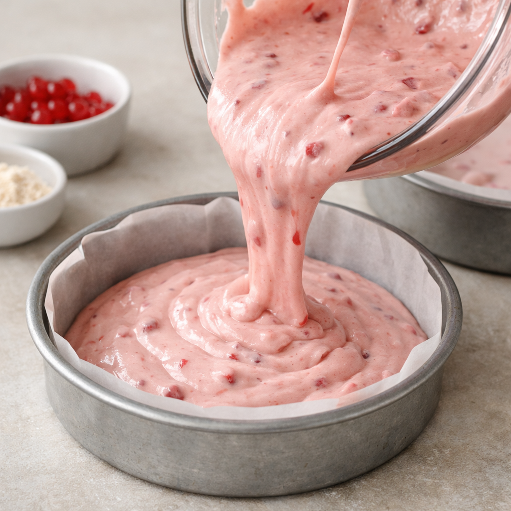Pink cherry chip cake batter being poured into round cake pans lined with parchment paper