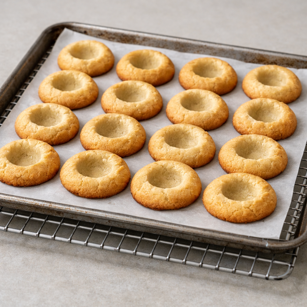 Rows of freshly baked thumbprint cookie shells on parchment paper on a baking sheet, golden brown edges with deep center wells, cooling on a wire rack