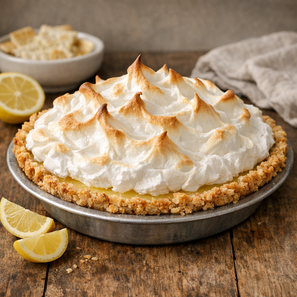 Rustic North Carolina lemon pie with saltine cracker crust and billowy meringue topping on a wooden table