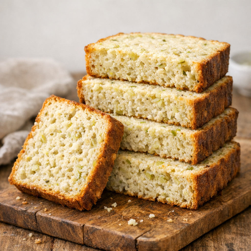 Rustic low carb cabbage bread slices stacked on a wooden board with a soft crumb texture