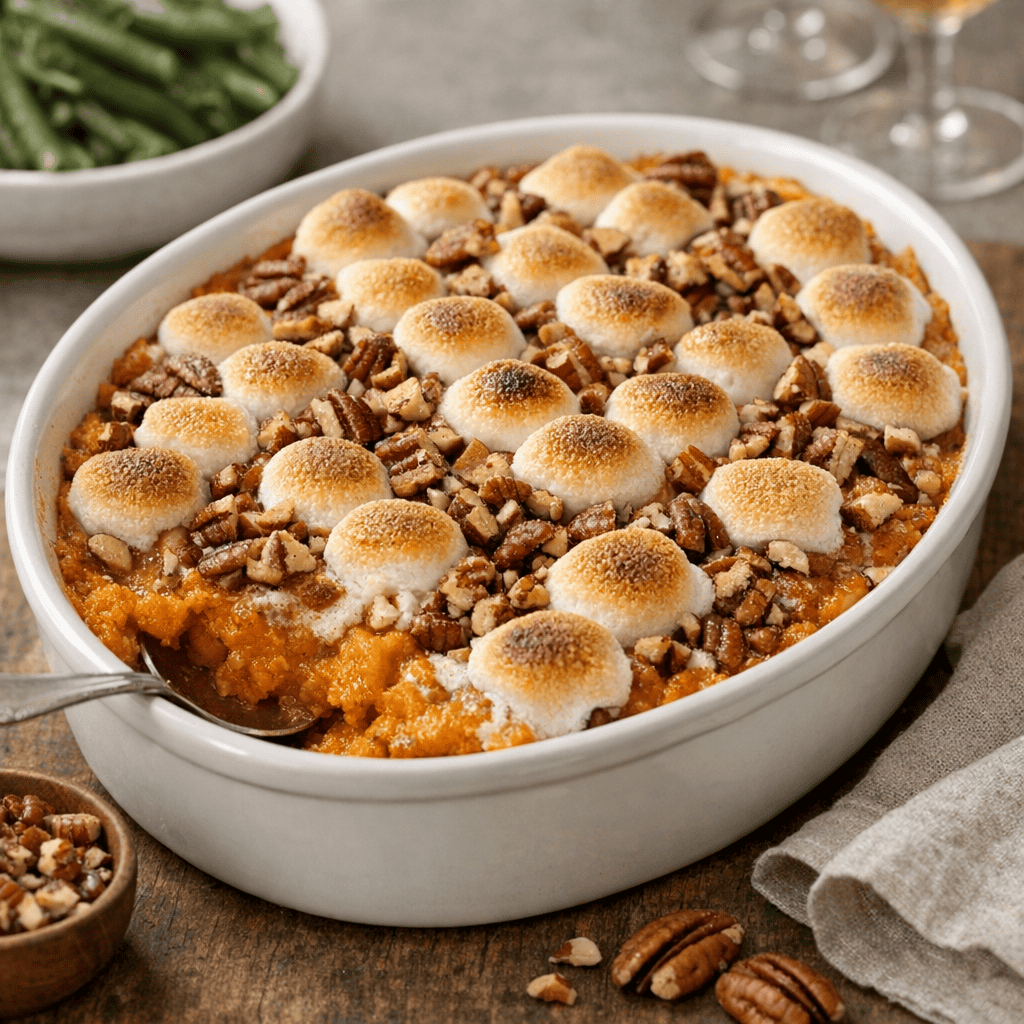 Rustic sweet potato casserole topped with golden brown marshmallows and chopped pecans on a holiday table