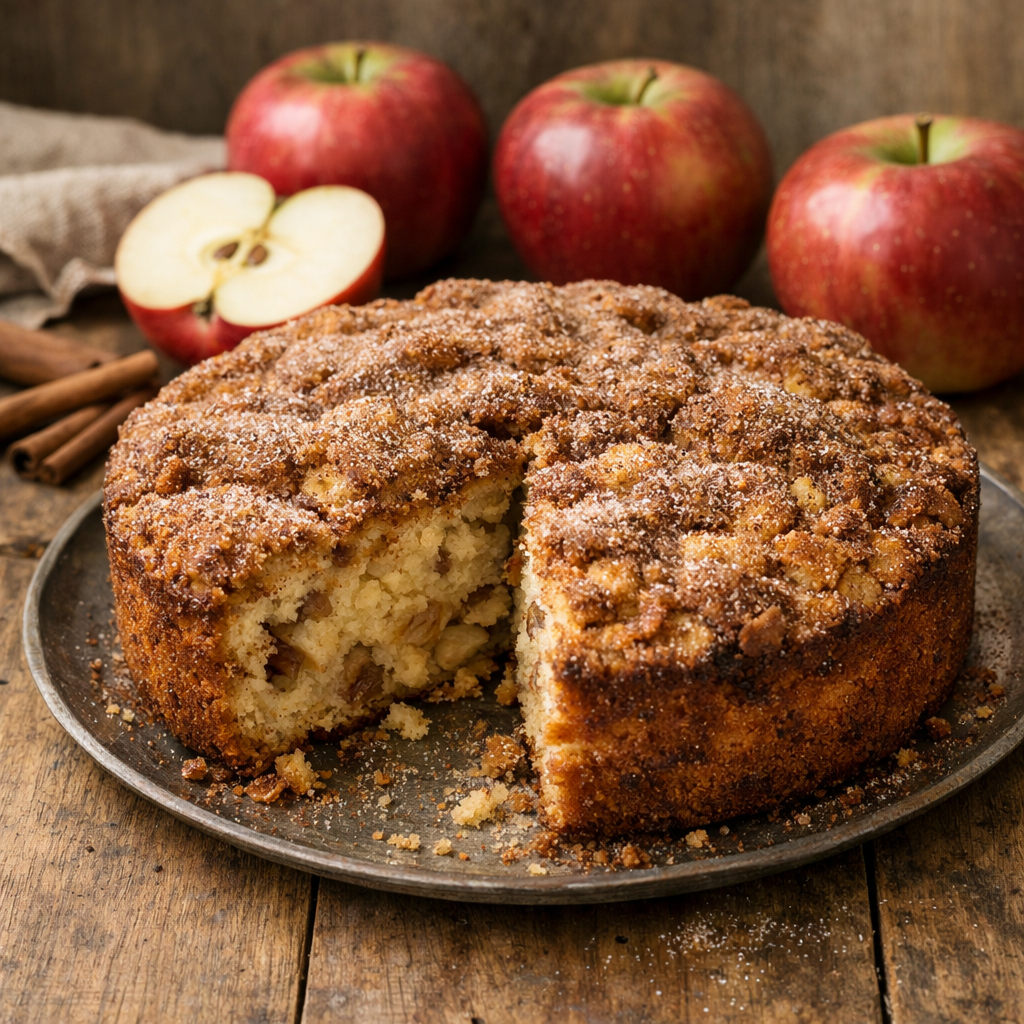 Rustic vintage cinnamon apple coffee cake on a wooden table with a dusting of cinnamon sugar on top and fresh cortland apples in the background