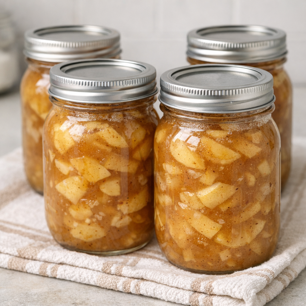 Sealed mason jars of golden Amish apple pie filling cooling on a kitchen towel after water bath canning process