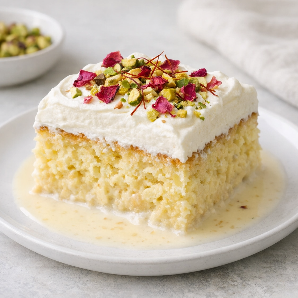 Slice of rasmalai tres leches cake on a white plate, topped with whipped cream frosting, dried rose petals, chopped pistachios, and strands of saffron