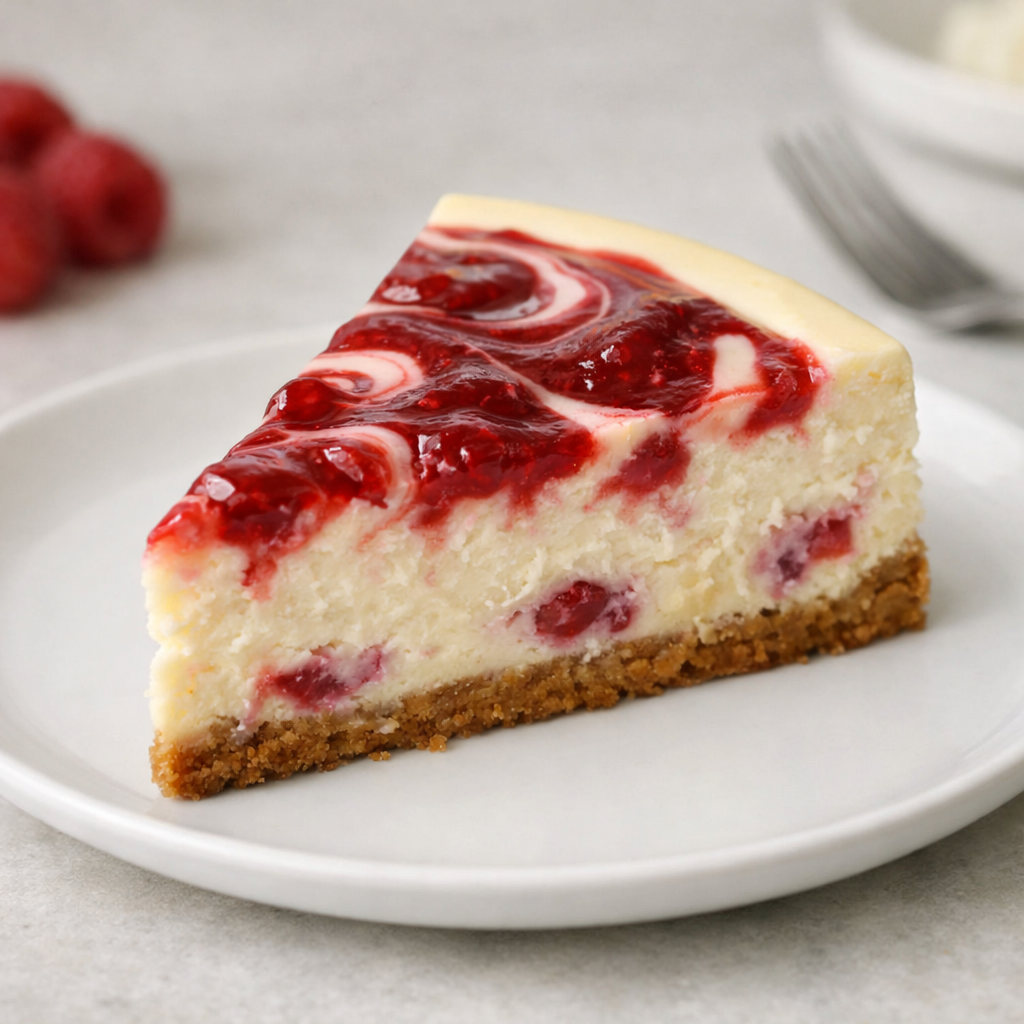 Slice of white chocolate raspberry cheesecake with glossy raspberry swirl on a white plate