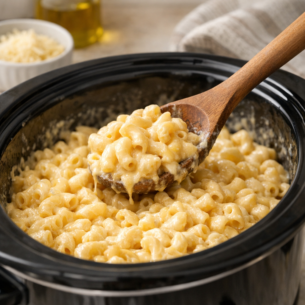 Slow cooker mac and cheese being stirred with a wooden spoon in a cozy kitchen