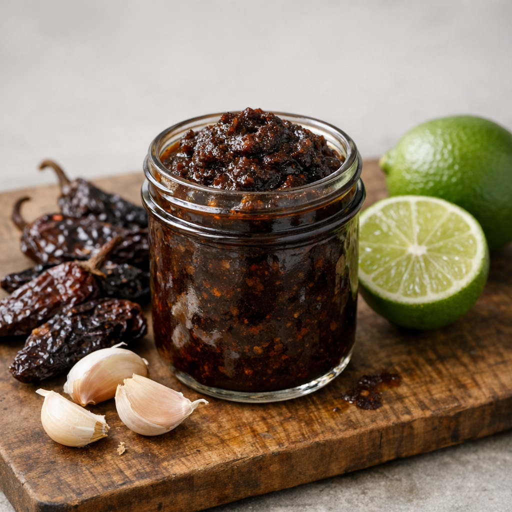 Small glass jar filled with dark smoky homemade tex-mex paste on a wooden cutting board surrounded by chipotle peppers, garlic, and lime