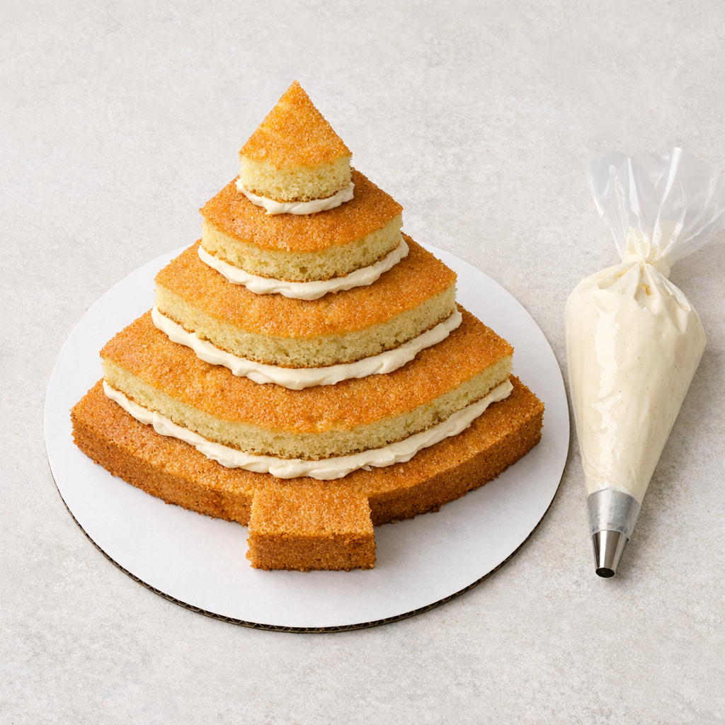 Step-by-step flat lay of christmas tree cake assembly showing cake layers stacked on a cake board with thin layer of buttercream filling and a piping bag beside it