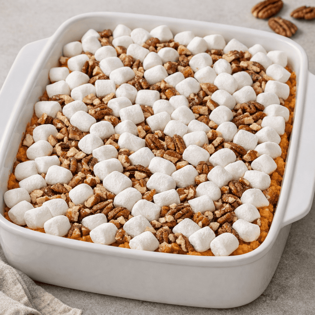 Sweet potato casserole topped with mini marshmallows and chopped pecans before baking in a deep casserole dish