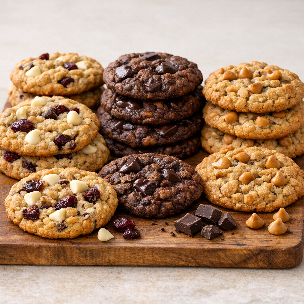 Variety of oatmeal cookie variations including white chocolate cranberry, dark chocolate, and butterscotch on a wooden cutting board