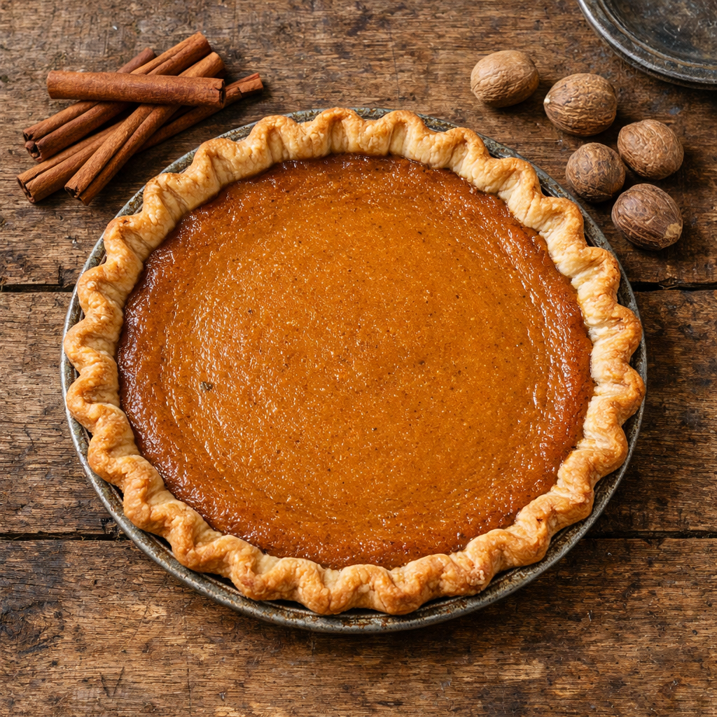 Vintage-style overhead shot of a classic pumpkin pie with a fluted pie crust on a rustic wooden table surrounded by cinnamon sticks and whole nutmeg