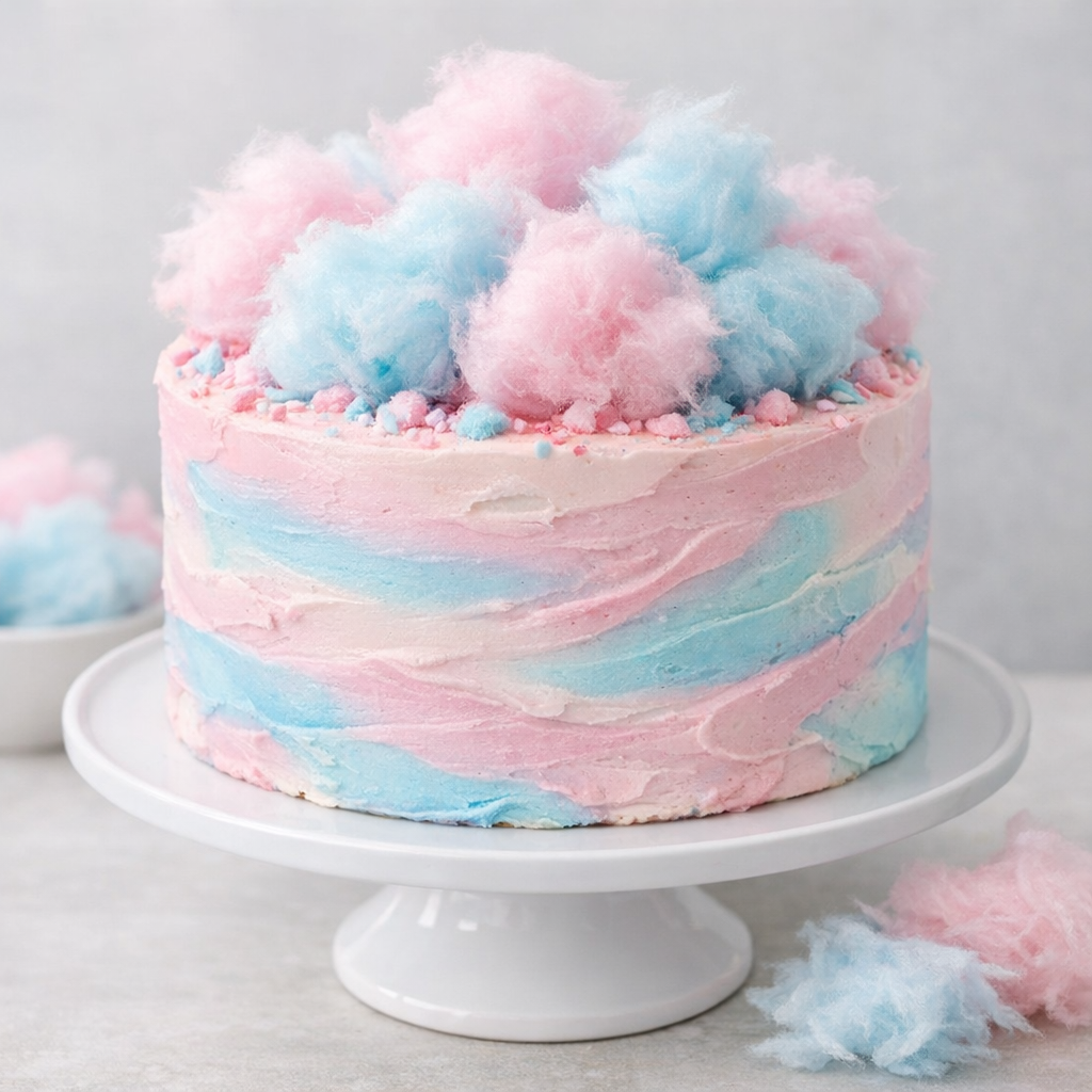 Whimsical cotton candy layer cake with pastel pink and blue swirled frosting on a white cake stand, decorated with fluffy actual cotton candy on top