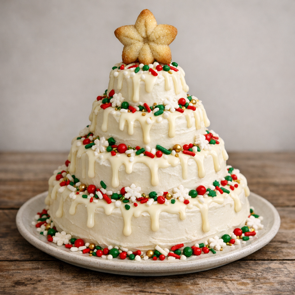 White christmas tree cake decorated with white chocolate drizzle, holiday sprinkles, and a star-shaped gingerbread spritz cookie topper on a rustic wooden surface