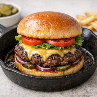 Juicy cast iron skillet hamburger coming right up! 🍔 I'm sharing all my tips for the most ah-mazing crispy-crusted burger you'll ever make at home!