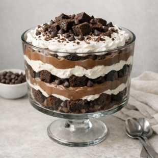 Grandma's famous chocolate trifle layers chocolate cake, pudding, Cool Whip & Heath toffee bits. So easy, so dreamy — you HAVE to make this!