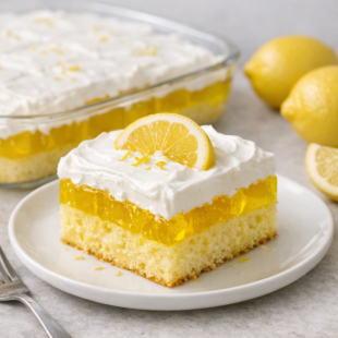This lemon jell-o cake is SO moist, bursting with citrus flavor, and ridiculously easy to make. You guys are going to LOVE every single bite! 🍋