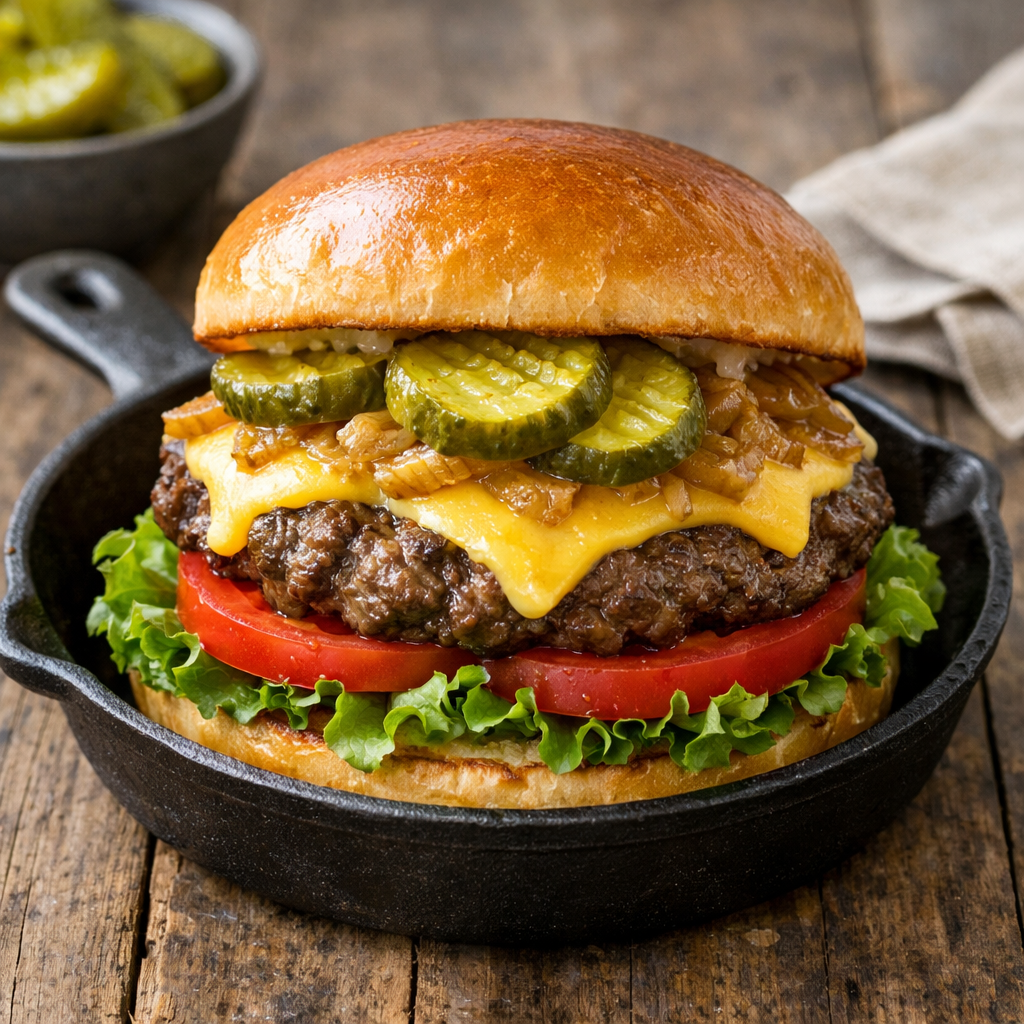A loaded cast iron skillet hamburger on a toasted brioche bun with lettuce, tomato, cheese, and pickles on a rustic wooden table