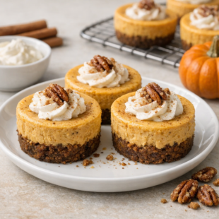 Mini pumpkin cheesecake recipe with creamy pumpkin filling, buttery crust, and cozy fall spice—perfect for holidays and parties.