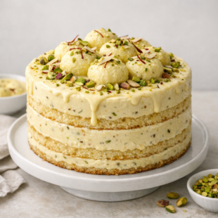 This rasmalai cake recipe is dreamy, creamy & totally show-stopping! Soft saffron sponge meets luscious tres leches soak. You HAVE to make this! 🎂