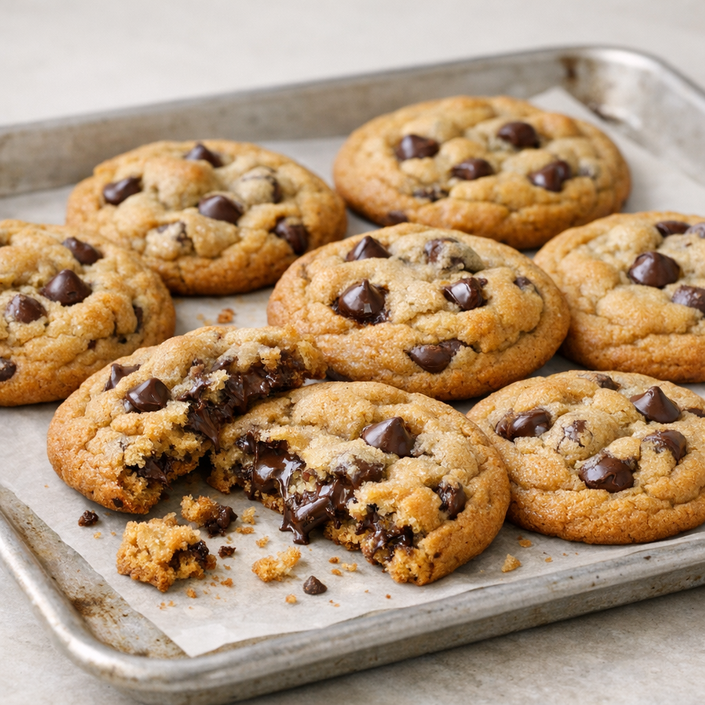A tray of golden brown chocolate chip cookies with a few broken open to show soft centers