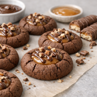 These Twix thumbprint cookies have a buttery base, gooey caramel center & chocolate drizzle. Your new favorite cookie recipe!