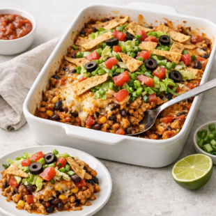 This weight watcher taco casserole recipe is cheesy, saucy, SO satisfying, and totally WW-friendly! Your new favorite weeknight dinner! 🌮