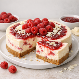 This white chocolate raspberry cheesecake is creamy, dreamy, and tastes JUST like the Cheesecake Factory — but homemade! 🍰 Get the recipe!
